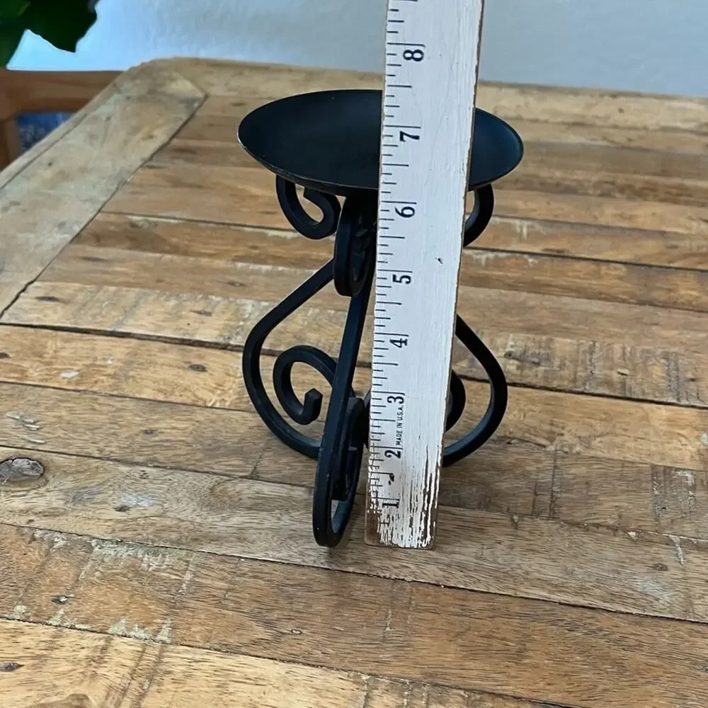 Black Wrought Iron Pillar Candle Holder 6 in Tall Scroll 